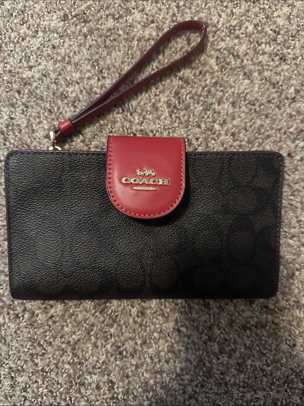 Coach Brown Signature Canvas Wristlet with Red Leather Snap